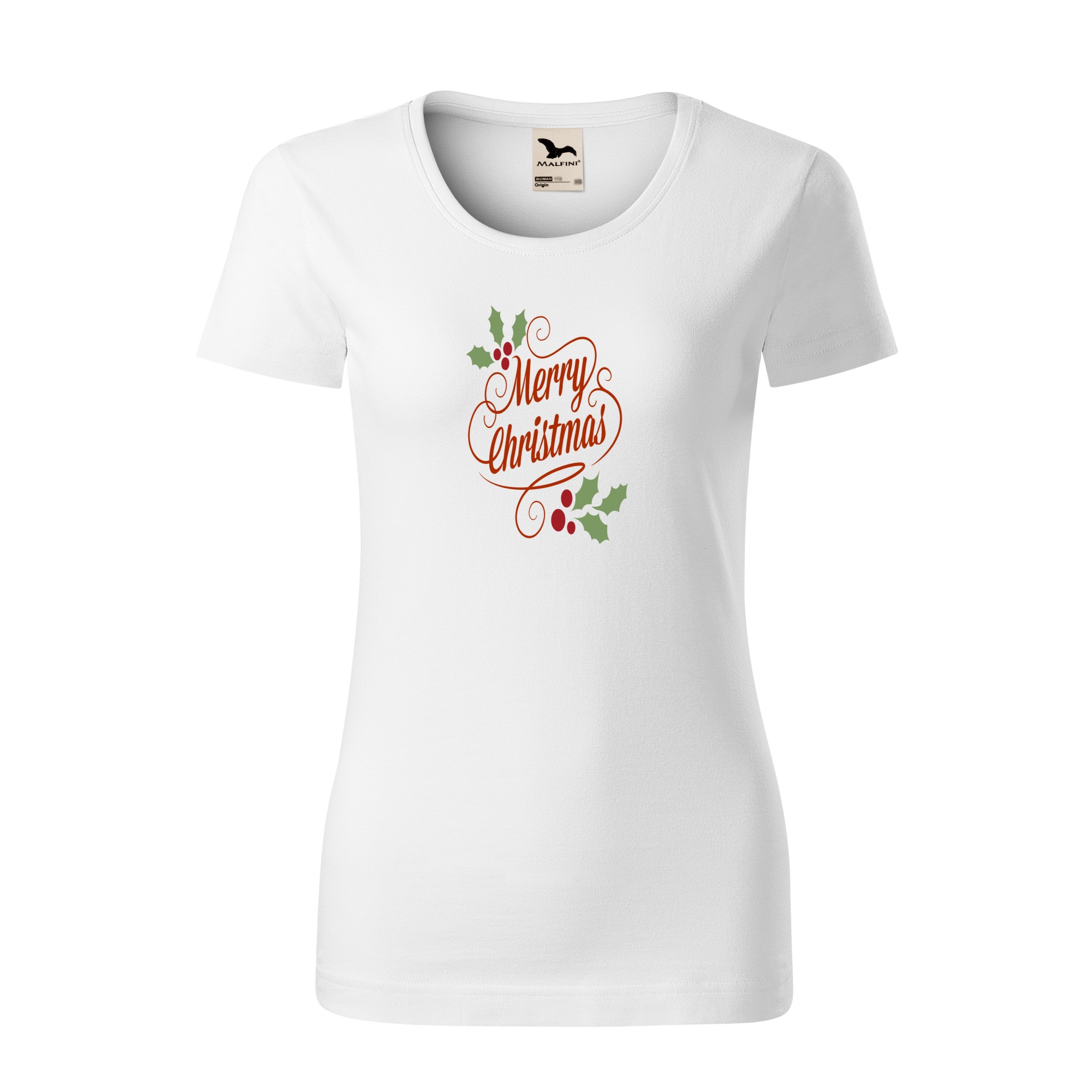 Tricou dama clasic, Malfini, Happy Christmas, Alb, L