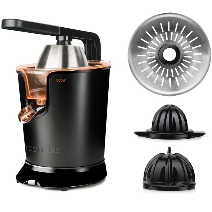 Storcator Citrice Profesional Taurus Easy Press 600, Putere 600W, Motor AC, Stoarcere Continua cu Brat de Presare, 2 Conuri si 2 Site Interchangeabile, Sistem Anti-Picurare, Corp din Inox, Design Negru Elegant
