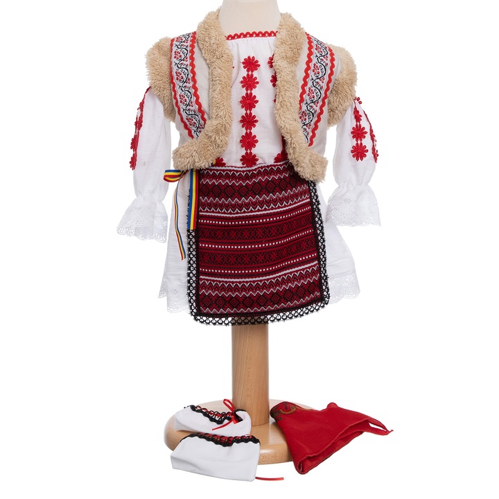 Rochita botez traditionala Ioana, 5 piese, maneca lunga, culoare alb-rosu, 6-9 luni