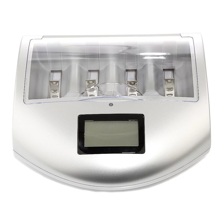 Универсално зарядно CHARGE KING, за батерии, акумулаторни Li-ion батерии, включително USB порт и LC дисплей, Сребърен