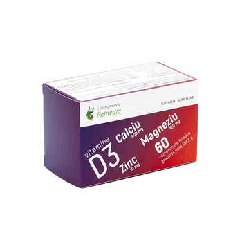 Ca + Mg + Zn + Vitamina D3,60 comprimate,Remedia Ca + Mg + Zn + Vitamina D3,60 comprimate,Remedia
