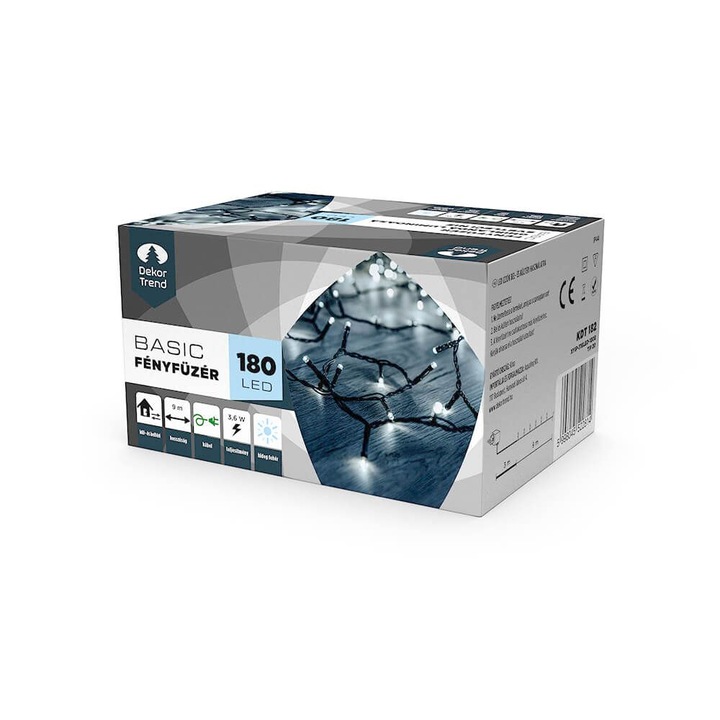 Instalatie Craciun, Dekortrend, Sir de lumina LED, Exterior, 180 becuri, Alb rece, 9 m