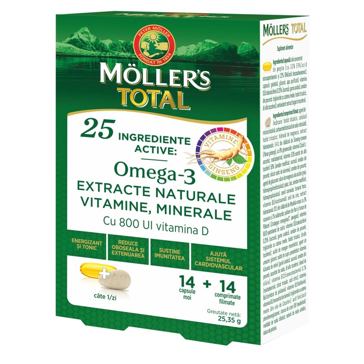 Хранителна добавка Moller's Total, 14 меки капсули + 14 филмирани таблетки