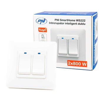 Intrerupator inteligent dublu PNI SmartHome WS222, Wi-Fi, App Tuya Smart, compatibil Amazon Alexa si Google Home, Alb Intrerupator inteligent dublu PNI SmartHome WS222, Wi-Fi, App Tuya Smart, compatibil Amazon Alexa si Google Home, Alb