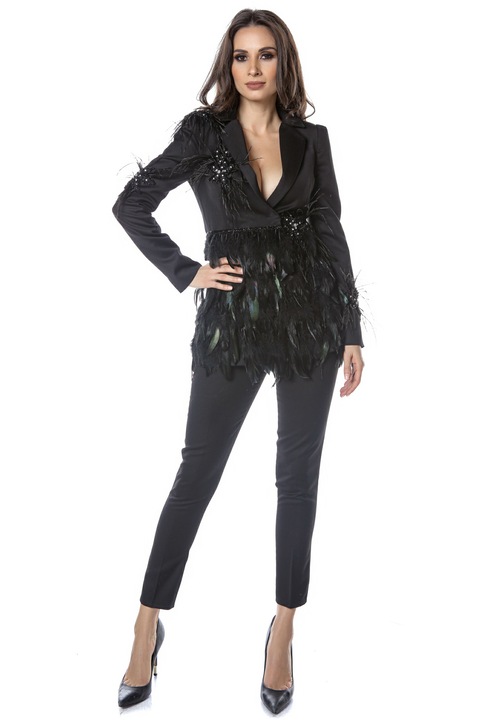 Sacou ELSA cu pene naturale de lebada, negru, Negru