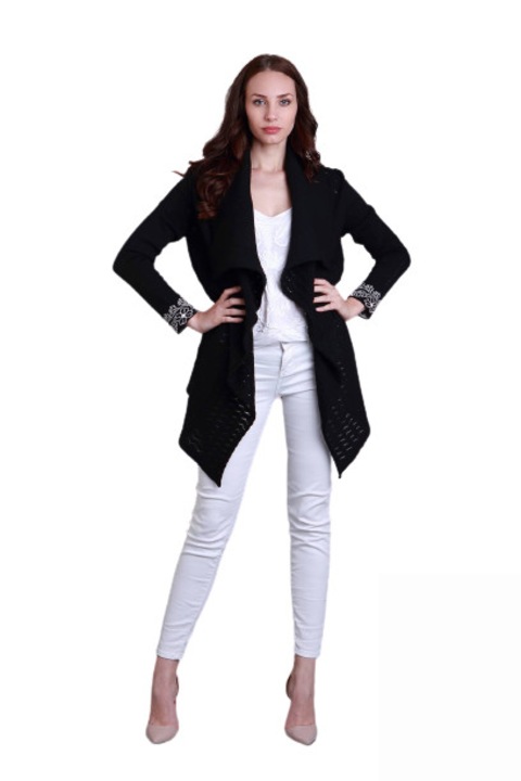 Cardigan dama, negru, cu motive traditionale, 50% acrilic/50% lana merinos