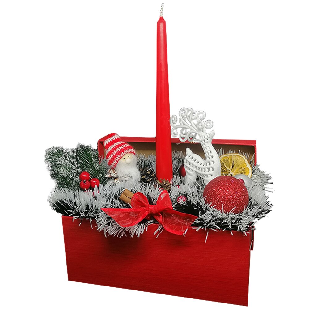 Aranjament Craciun ArtDeco cu Ren, Mos Craciun, lumanare conica rosie, globulete, brad artificial si beteala verde cu alb