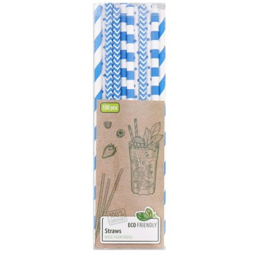 Set 100 bucati paie din hartie, alb-albastru, 20x0,5cm