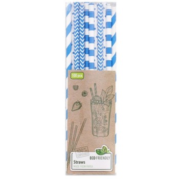 Set 100 bucati paie din hartie, alb-albastru, 20x0,5cm Set 100 bucati paie din hartie, alb-albastru, 20x0,5cm