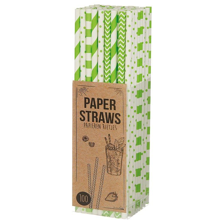 Set 100 bucati paie din hartie, alb-verde, 20x0,5cm