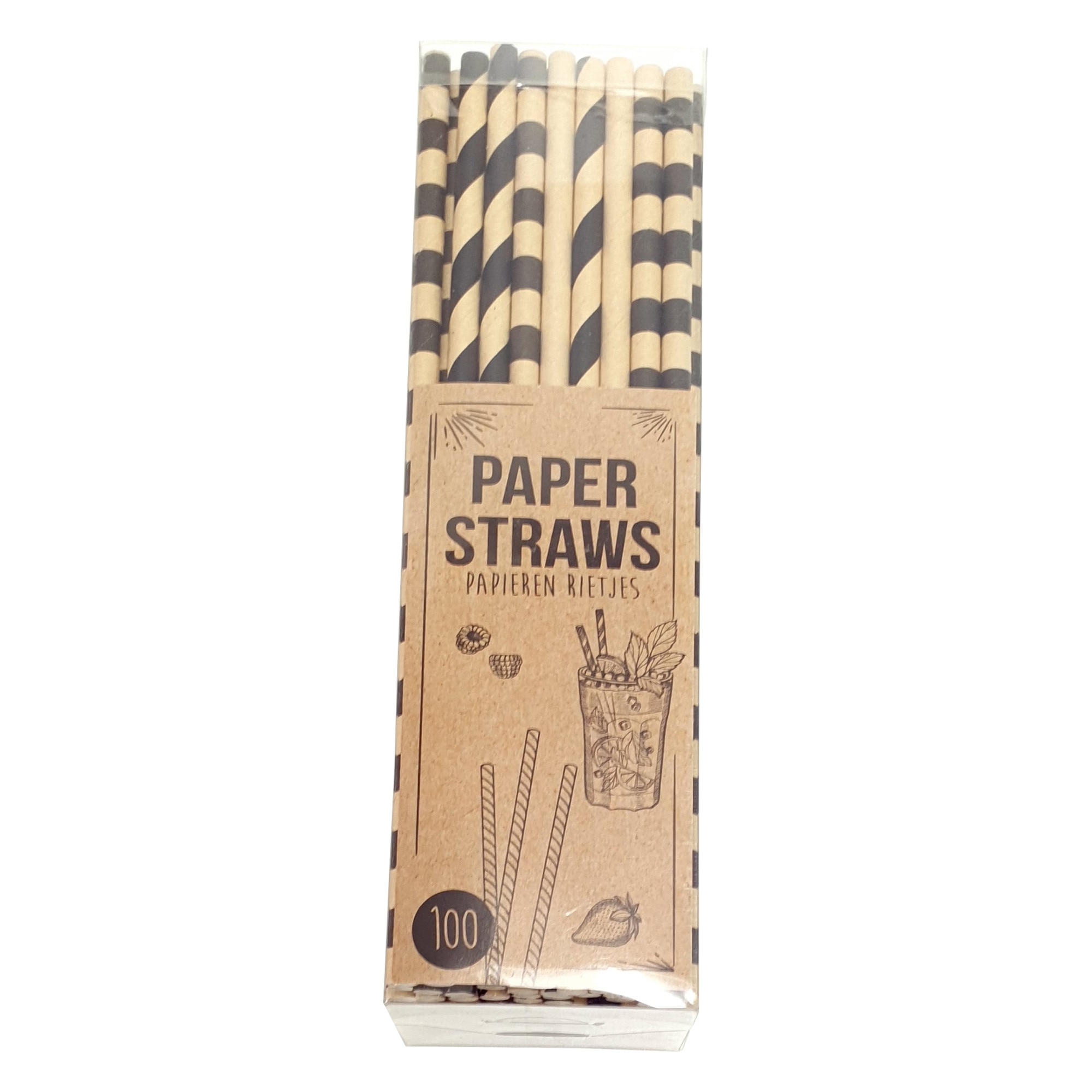 Set 100 bucati paie din hartie, bej-negru, 20x0,5cm