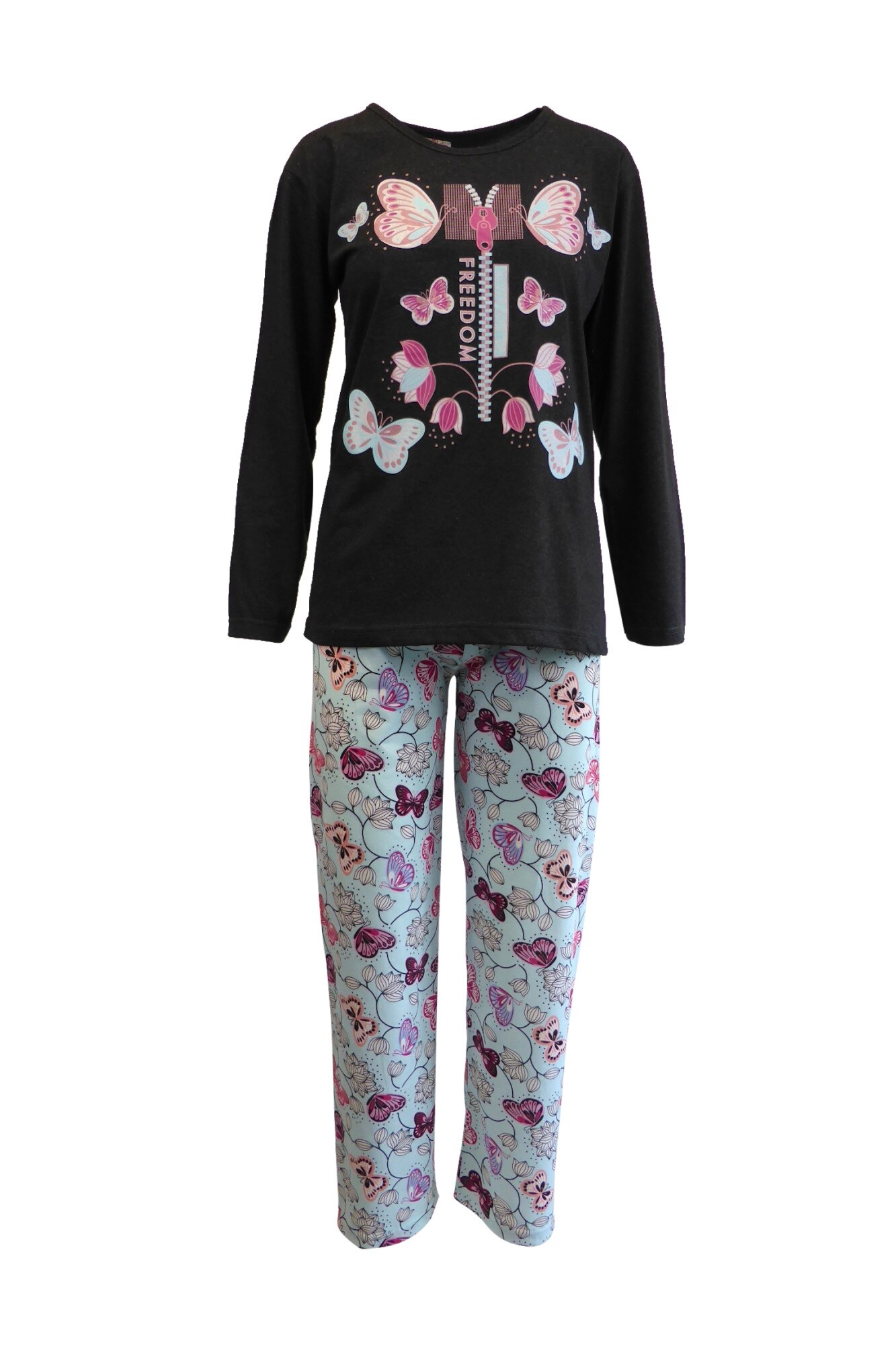 Pijama dama, Univers Fashion, bluza gri antracit cu imprimeu fluturasi, pantaloni turcoaz cu imprimeu fluturasi, marime L