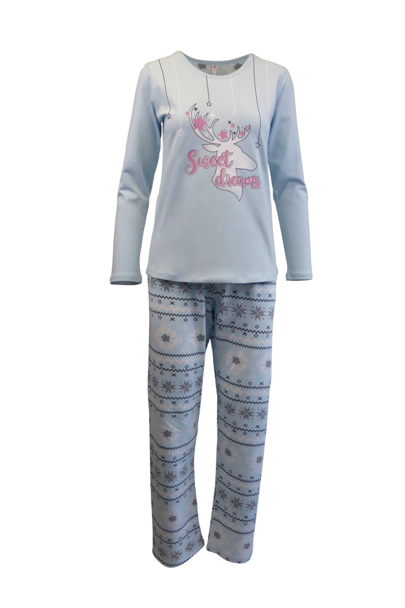 Pijama dama, Univers Fashion, bluza turcoaz cu imprimeu 'Sweet Dreams', pantaloni albastru deschis cu imprimeu etnic
