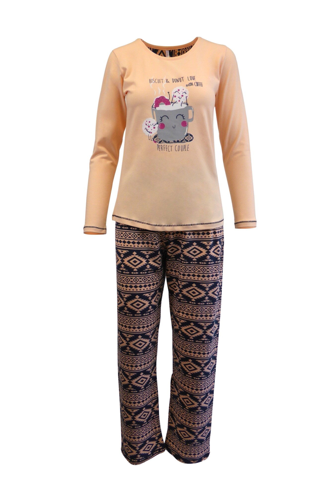 Pijama dama, Univers Fashion, bluza roz somon cu imprimeu 'PERFECT COUPLE', pantaloni albastru cu imprimeu etnic