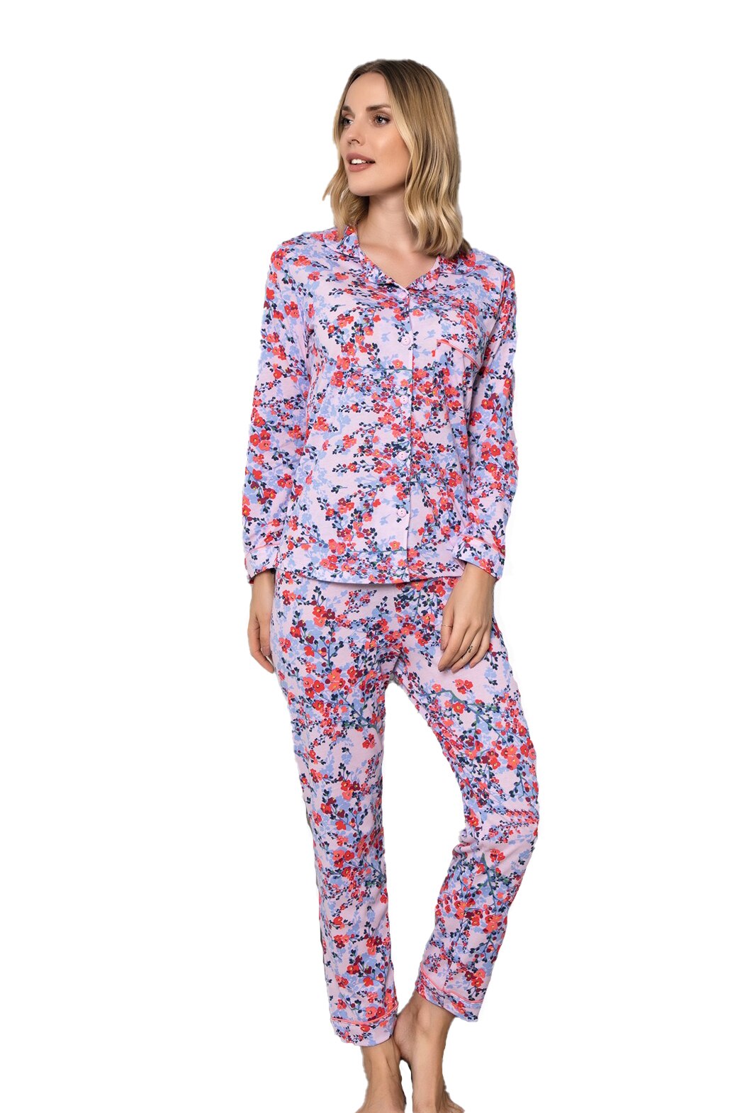 Pijama 100% bumbac, dama,imprimeu floral, Multicolor