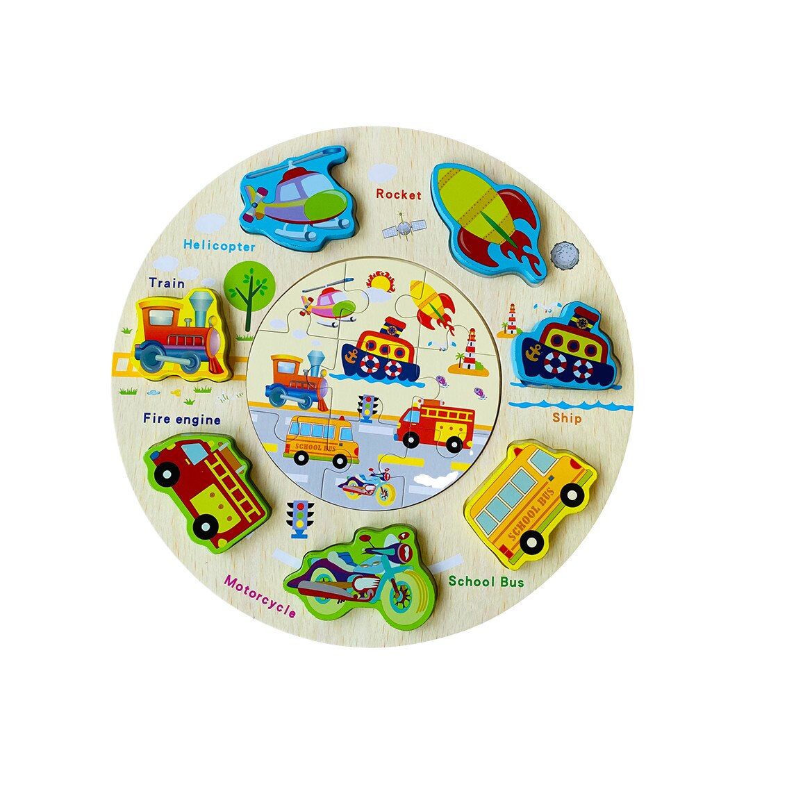 Puzzle incastru 3 D din lemn, cu 7 vehicule , Unitoys