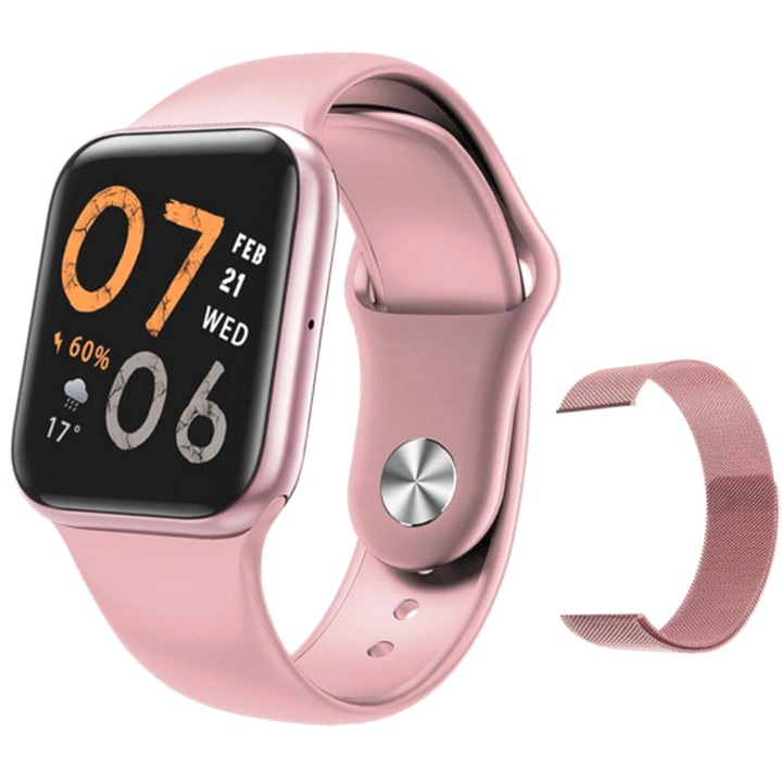 Смарт часовник с функцията на IdealStore P80 Pink Fitness гривна, с функция за наблюдение на кръвно налягане, сърдечен ритъм, наблюдение на съня, ниво на кислород, известия за обаждания/SMS, с метална каишка и силиконова каишка