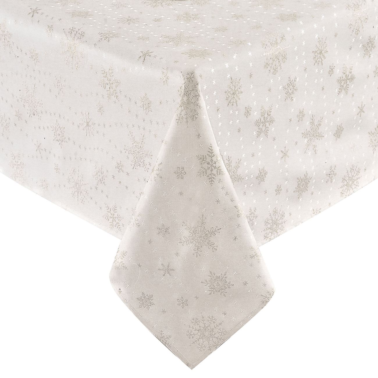 Fata de Masa de Craciun, New Line, Model cu Fulgi de Nea, 120x120 cm, Poliester, Alb/Argintiu