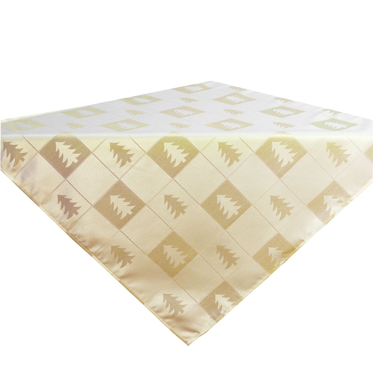 Fata de Masa de Craciun, New Line, Model cu Brazi, 80x80 cm, Poliester, Alb/Auriu