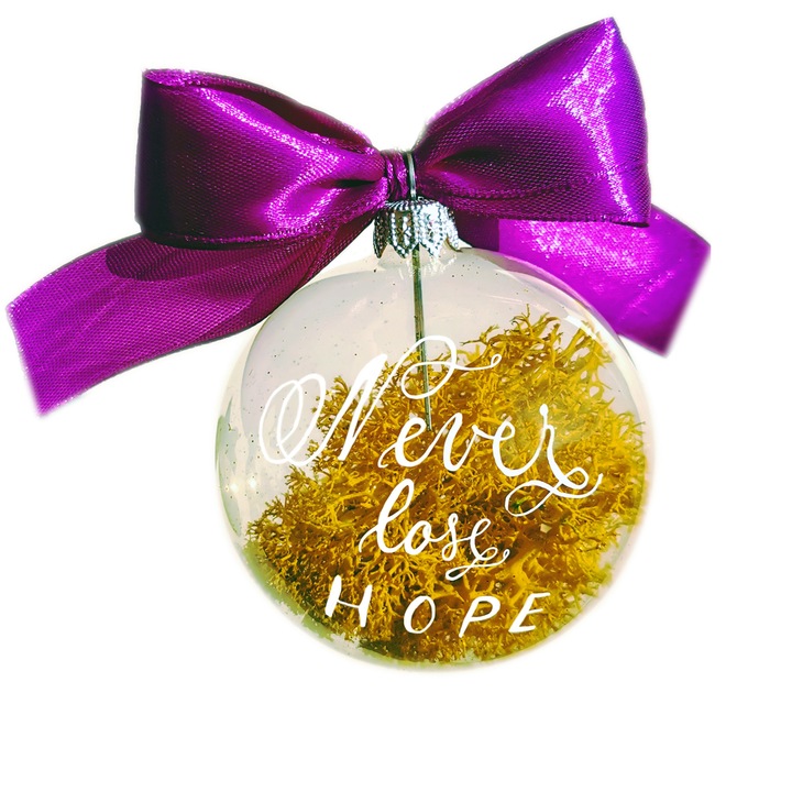 Glob cu licheni stabilizati, caligrafiat cu mesajul Never Lose Hope, Mignon Calligraphy, sticla, diametrul 8 cm