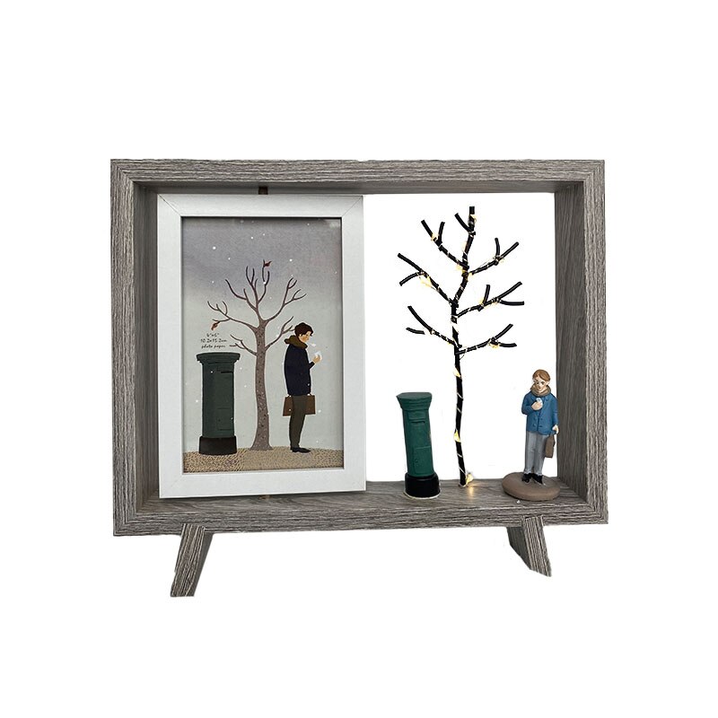 Suport rama foto, copacel luminat si figurine ceramice, gri, 23.5 x 26.5 cm