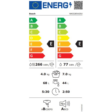 Masina de spalat rufe cu uscator incorporabil Bosch WKD28542EU, 7 kg spalare, 4 kg uscare, 1400 RPM, Clasa E, EcoSilence Drive, AutoDry, ActiveWater, Alb