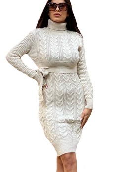 Rochie tricotata Sara, cu guler si maneci lungi, Crem, One Size Rochie tricotata Sara, cu guler si maneci lungi, Crem, One Size