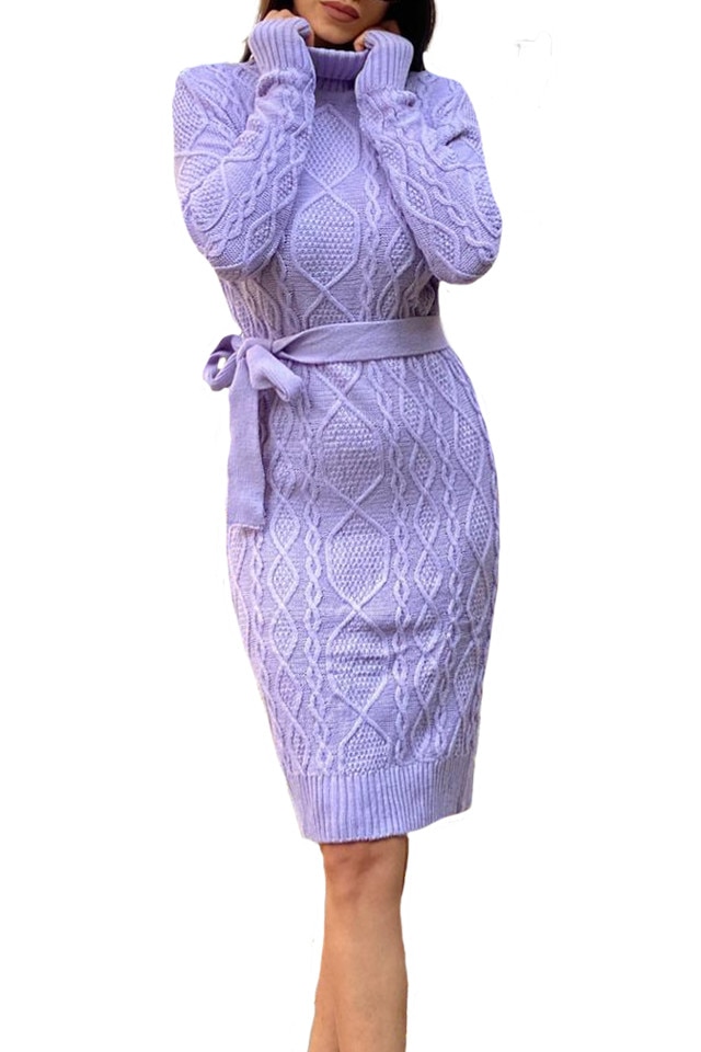 Rochie tricotata Sara, cu guler si maneci lungi, Lila, One Size