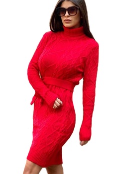 Rochie tricotata Sara, cu guler si maneci lungi, Rosu, One Size