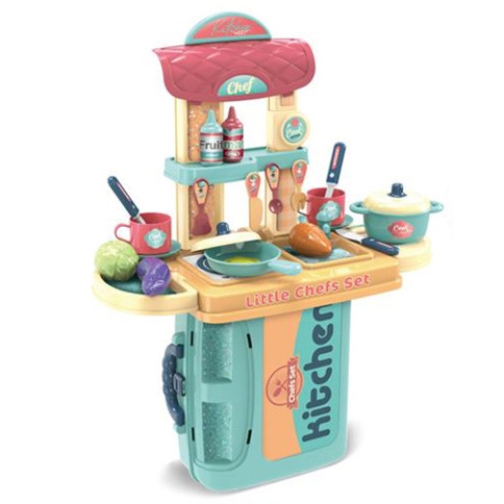 Magic Toys játékkészlet, 2 az 1-ben, hordozható gyerekkonyha 24 tartozékkal táskában, kék, 3 év+
