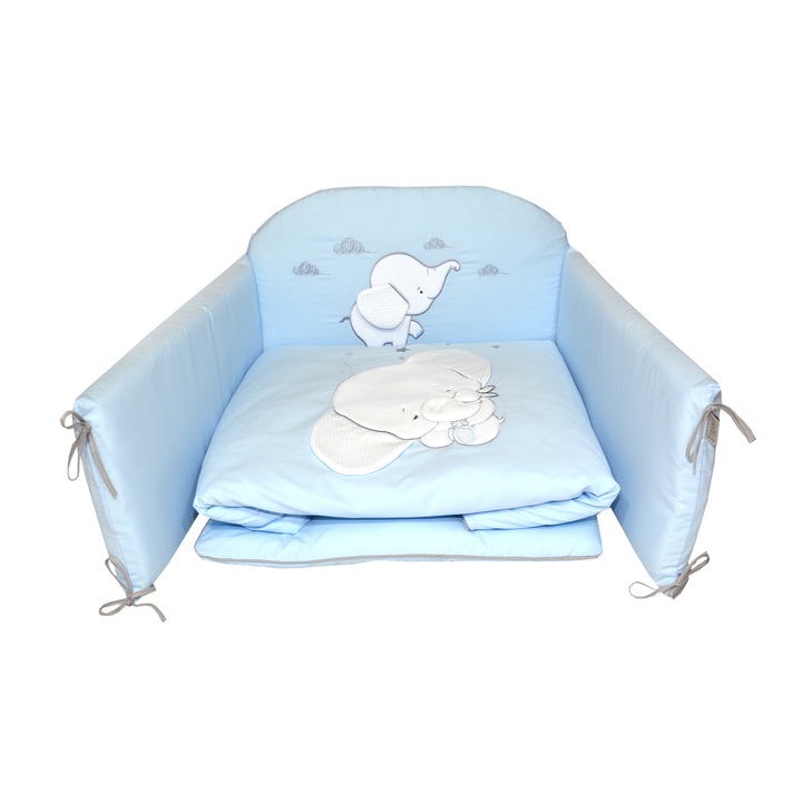 Set lenjerie din bumbac, cu protectie laterala pentru pat bebe, Elefant Blue, 120 x 60 cm