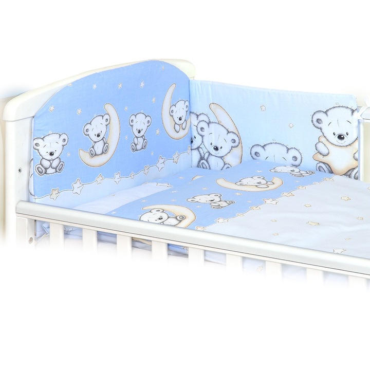 Set lenjerie din bumbac, cu protectie laterala pentru pat bebe 120 x 60 cm, Ursulet pe luna Blue