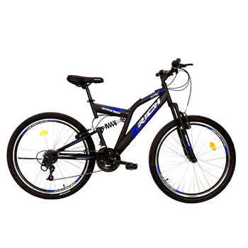 Bicicleta MTB-FS, Saiguan Revoshift 18 Viteze, Roti 26 Inch, Frane V-Brake, RICH CSR26/49A, Cadru Negru cu Design Albastru Bicicleta MTB-FS, Saiguan Revoshift 18 Viteze, Roti 26 Inch, Frane V-Brake, RICH CSR26/49A, Cadru Negru cu Design Albastru
