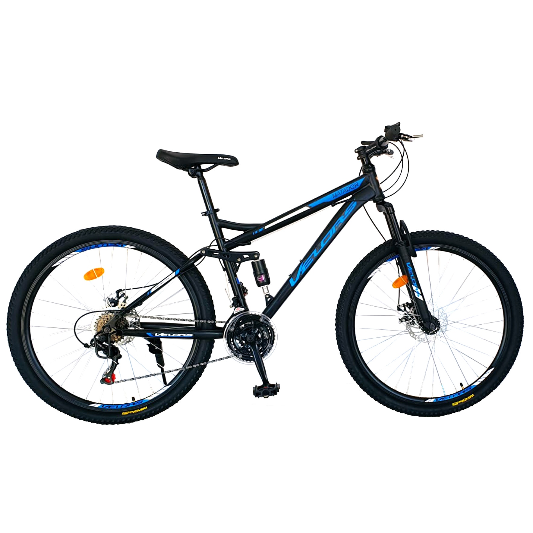 Bicicleta MTB cu Roti 27.5", Shimano, DISC-fata/spate, 18 Viteze, negru/albastru, Mountain Bike Velors Matador Genius cu Dubla Suspensie - eMAG.ro