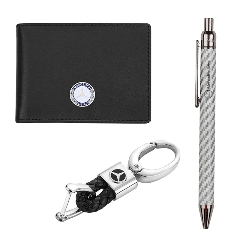 Set breloc, husa acte si pix cu logo-ul Mercedes, Silver Flame, AS0801, Argintiu/Negru, Piele naturala/metal