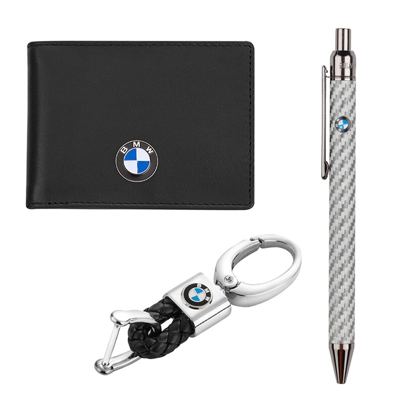 Set breloc, husa acte si pix cu logo-ul BMW, Silver Flame, AS0802, Argintiu/Negru, Piele naturala/metal