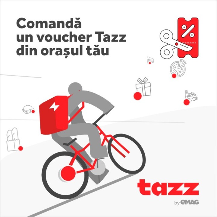 Voucher 50% reducere pentru comenzi Tazz by eMAG in orasele Bucuresti, Timisoara, Cluj-Napoca, Iasi, Arad, Brasov, Sibiu, Oradea, Deva, Constanta, valabilitate 1.12.2020 - 31.12.2020