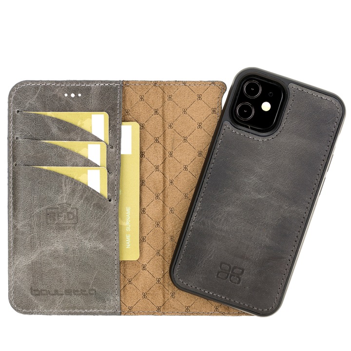 Калъф Bouletta Magic Wallet, За iPhone 12 Mini, Естествена кожа, 2 в 1 Тип портфейл, Заден капак, Цвят сив