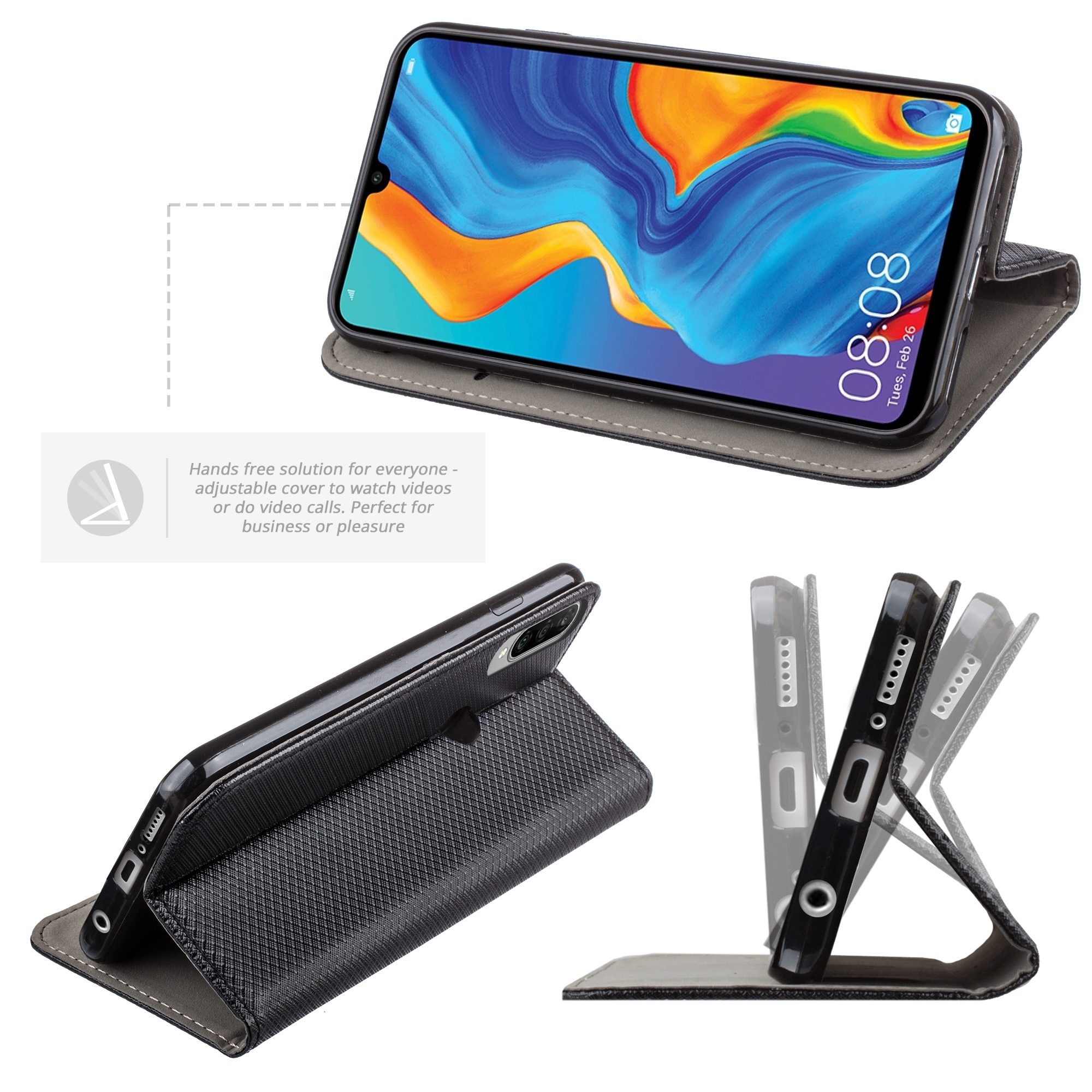 Husa pentru telefon, Moozy, Flip On, pentru Huawei P30 Lite, Negru, Piele ecologica