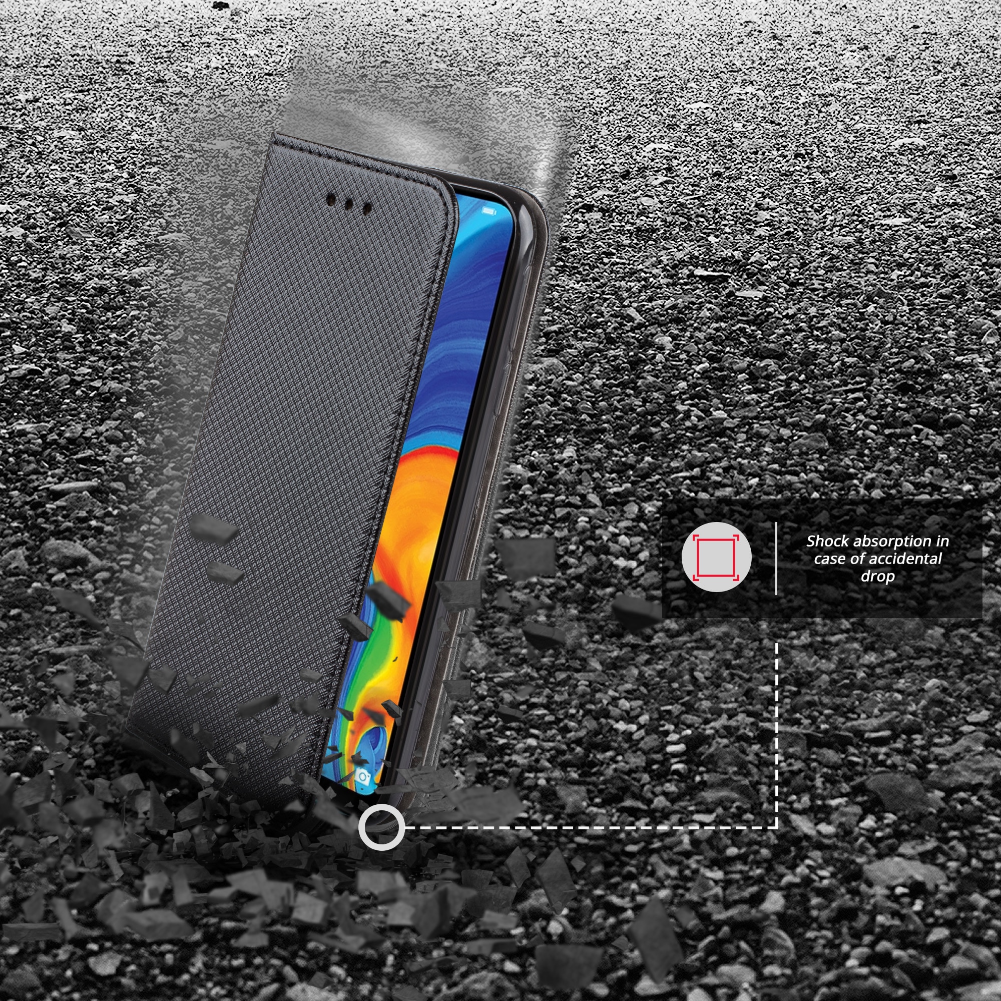 Husa pentru telefon, Moozy, Flip On, pentru Huawei P30 Lite, Negru, Piele ecologica