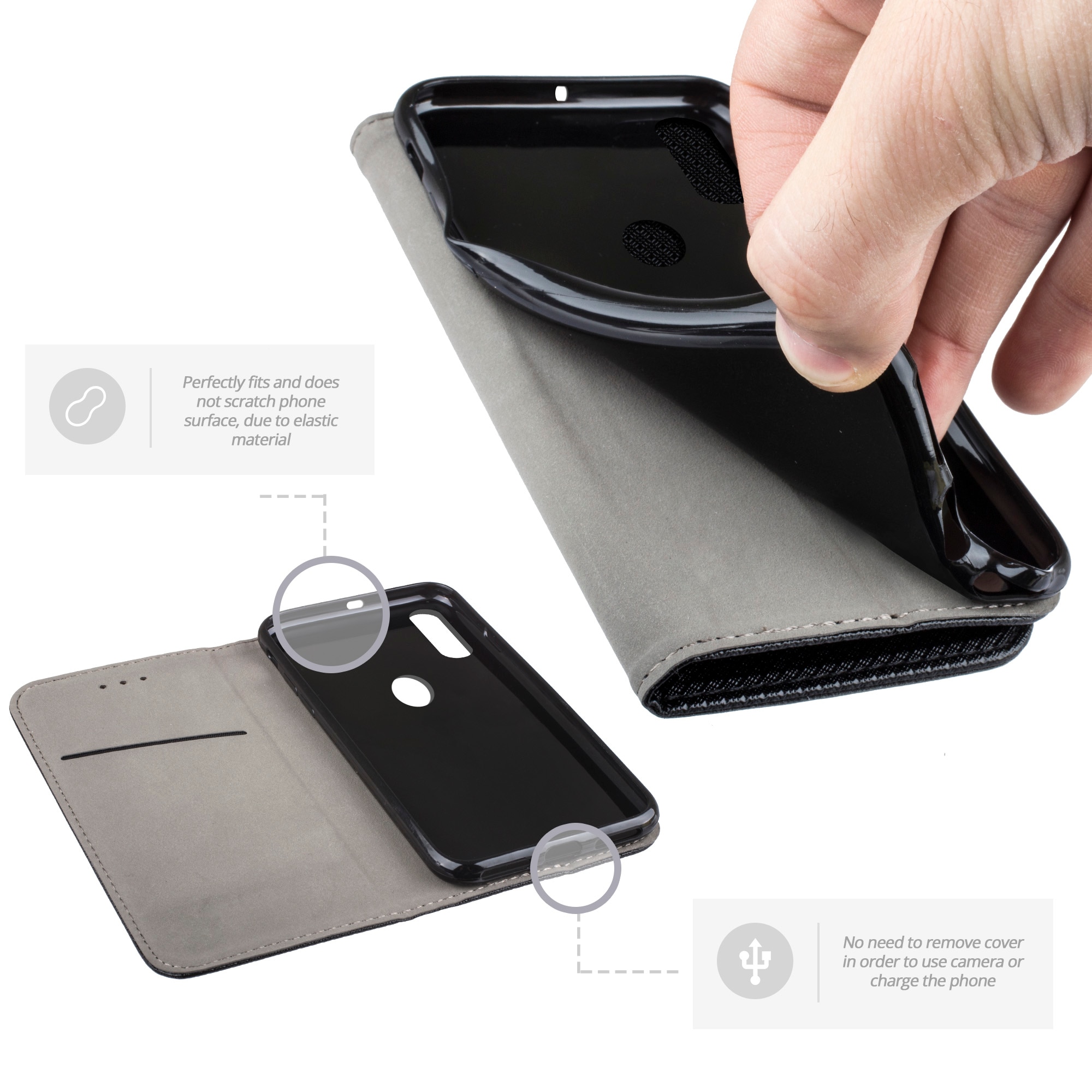 Husa pentru telefon, Moozy, Flip On, pentru Huawei P30 Lite, Negru, Piele ecologica