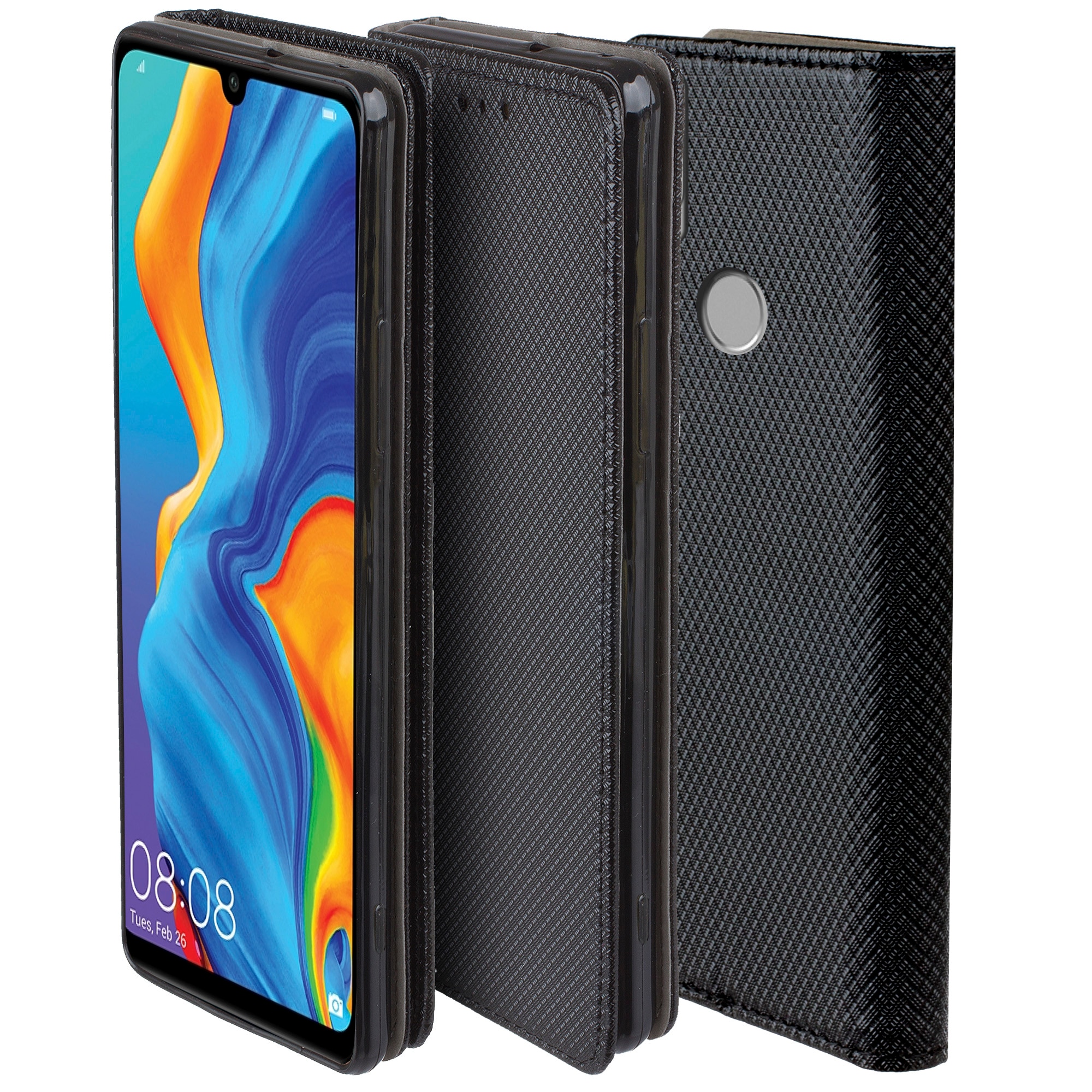 Husa pentru telefon, Moozy, Flip On, pentru Huawei P30 Lite, Negru, Piele ecologica
