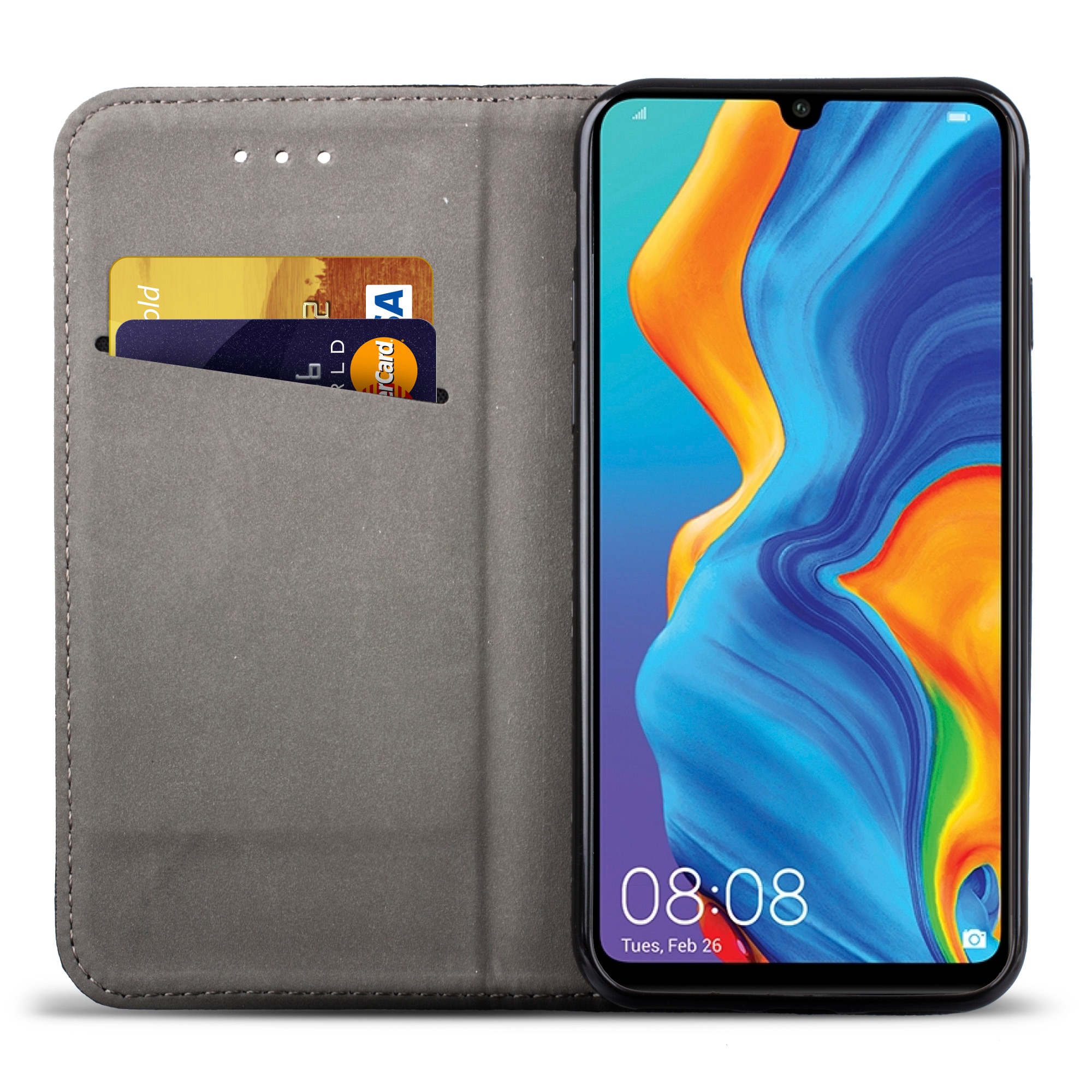 Husa pentru telefon, Moozy, Flip On, pentru Huawei P30 Lite, Negru, Piele ecologica
