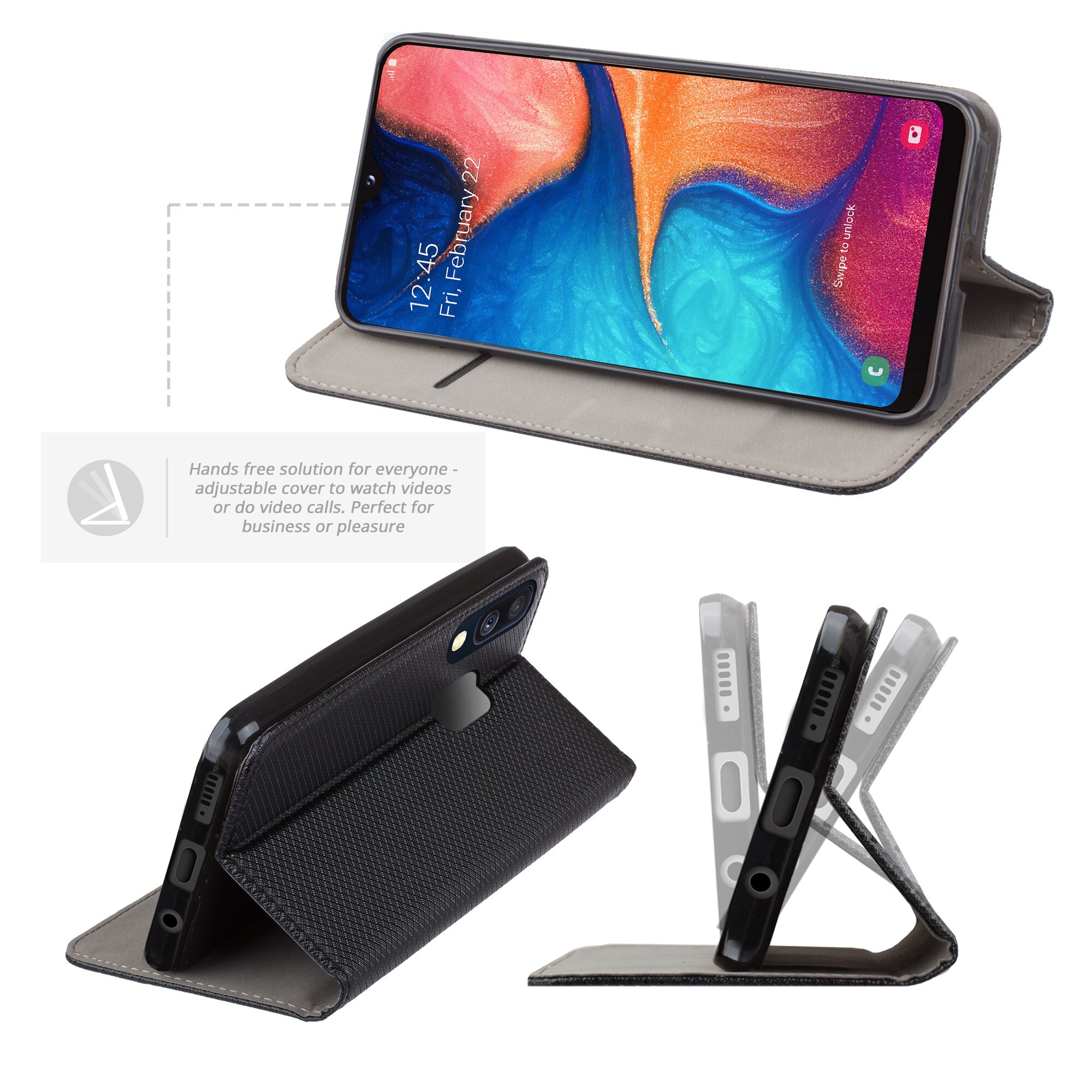 Husa pentru telefon, Moozy, Flip On, pentru Samsung A20e, Negru, Piele ecologica