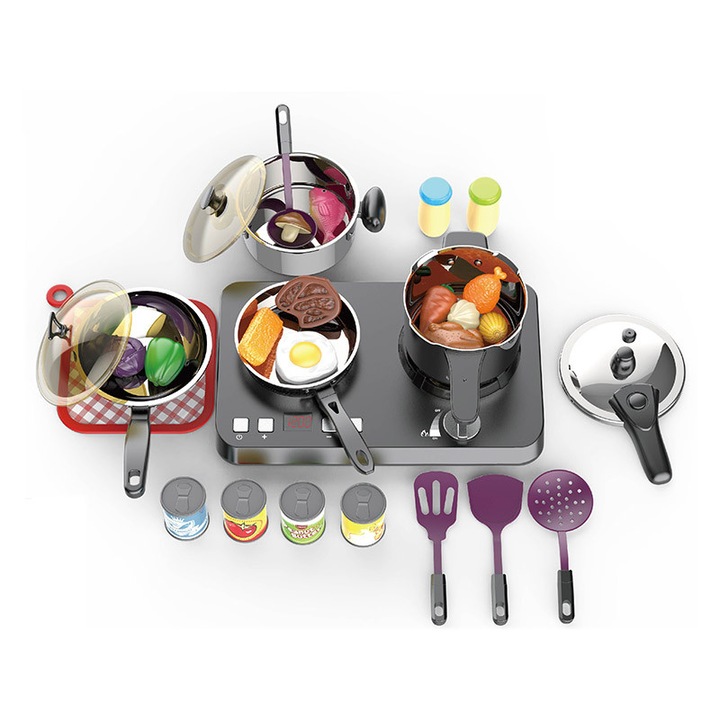 Set de joaca,cuptor cu inductie si accesorii,32 piese din metal si plastic.