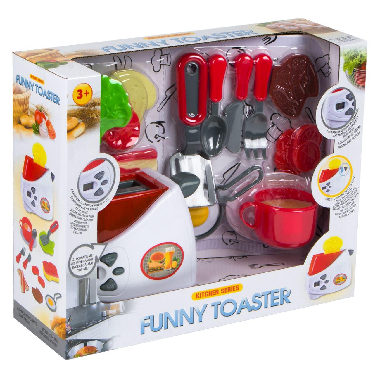 Jucarie sub forma de prajitor de paine si set ustensile pentru micul dejun,multicolora