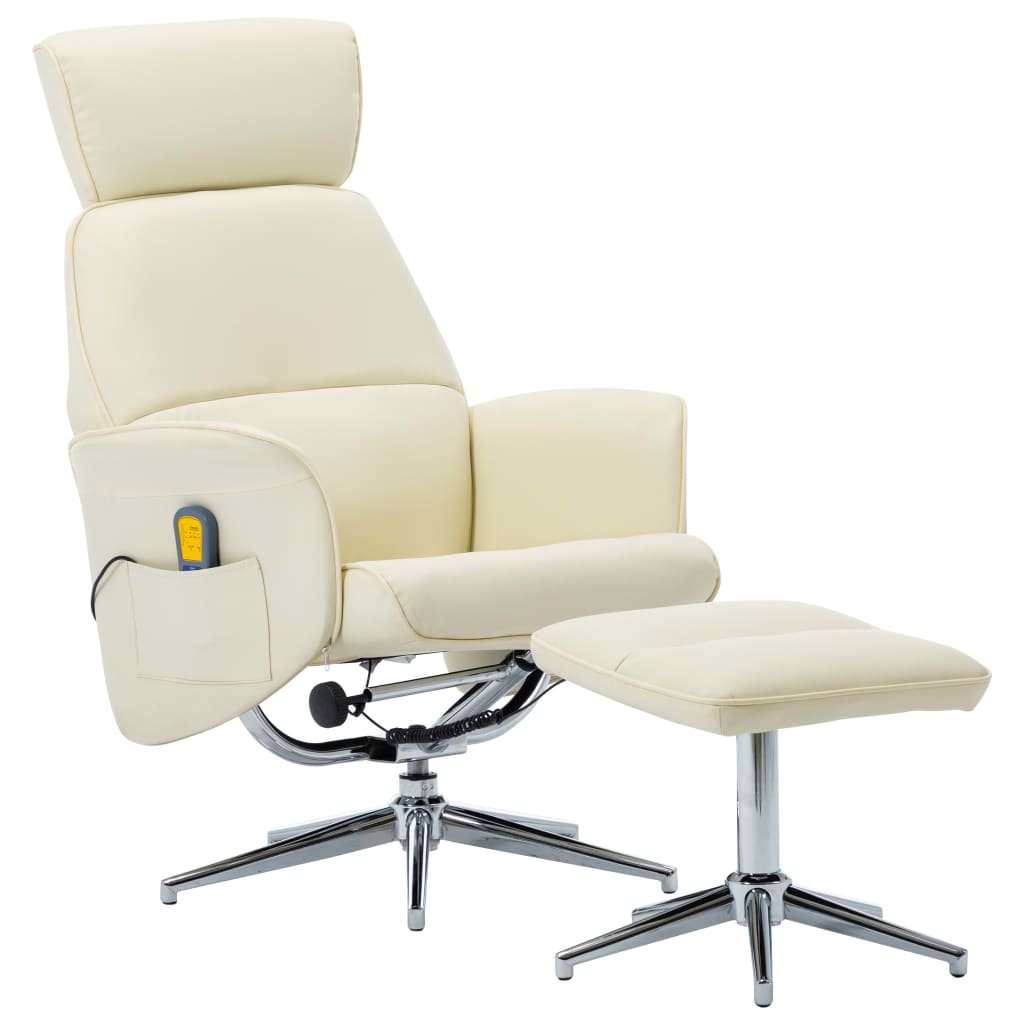 Fotoliu de masaj rabatabil cu taburet electric, vidaXL, Piele artificiala, 79 x 84 x 113 cm Crem