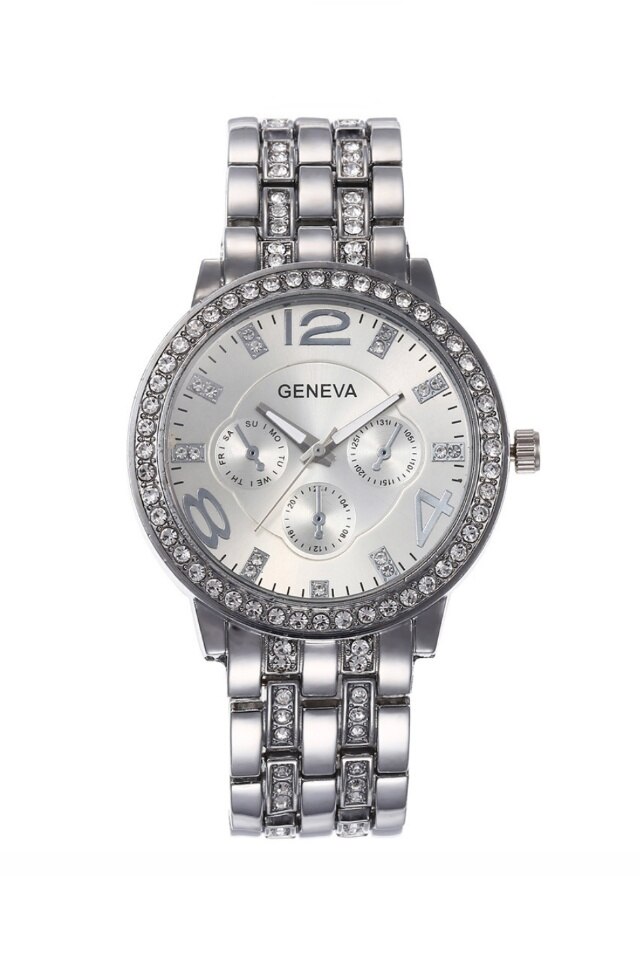 Ceas de dama Geneva Saphyre, cadran argintiu si curea metalica argintie, lungime fixa