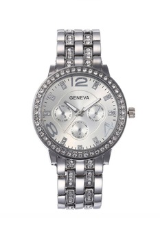 Ceas de dama Geneva Saphyre, cadran argintiu si curea metalica argintie, lungime fixa Ceas de dama Geneva Saphyre, cadran argintiu si curea metalica argintie, lungime fixa