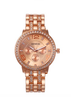 Ceas de dama Geneva Saphyre, cadran auriu rose si curea metalica aurie, lungime fixa Ceas de dama Geneva Saphyre, cadran auriu rose si curea metalica aurie, lungime fixa